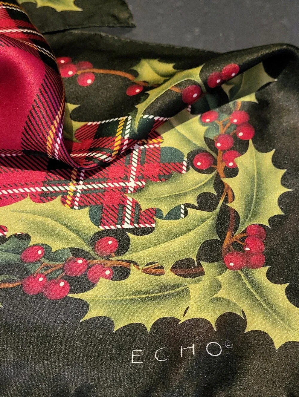 Echo Vtg 80s Red/Black/Green Silk Holiday Plaid Scarf 21